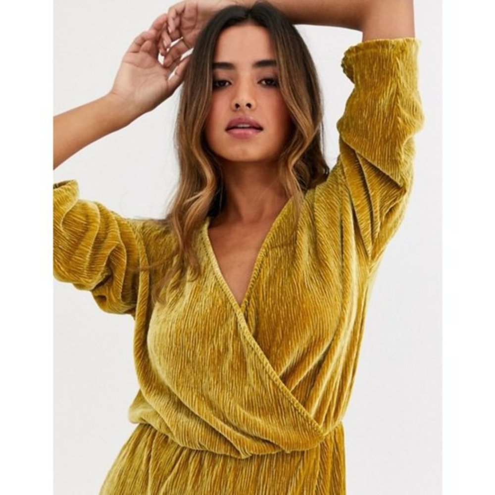 Y.A.S. Long Sleeve Mustard Velvet Wrap Dress NWT - Picture 3 of 5